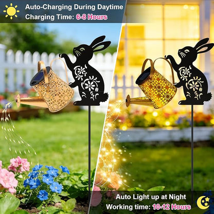 VOOKRY Solar Lights Outdoor,Watering Can with Bunny Silhouette Stake | Garden Gifts for Mom,Women&Garden Lovers Waterproof Metal Garden Water kettle,Decorative Yard Patio Lawn Pathway Decor(1Pack)