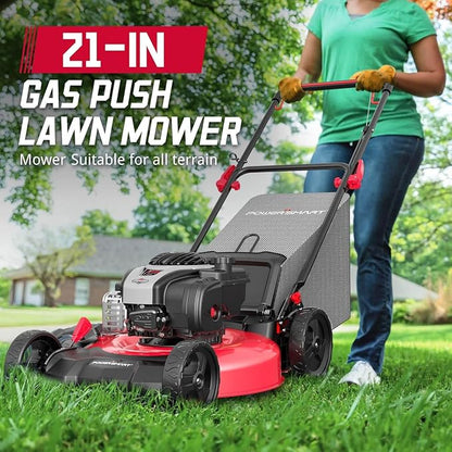 PowerSmart 21" 3-in-1 Gas Push Lawn Mower with 140cc Briggs&Stratton 4-Stroke Engine - Wide Cutting Deck, 6 Height Adjustments, Mulching Capability