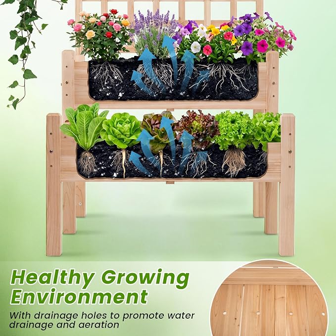 Giantex Raised Garden Bed with Trellis, 2-Tier Elevated Planter Box for Climbing Plants, Flowers, Vegetables, Herbs, Outdoor Wooden Vertical Garden Bed with Drainage Holes, for Patio Backyard Balcony