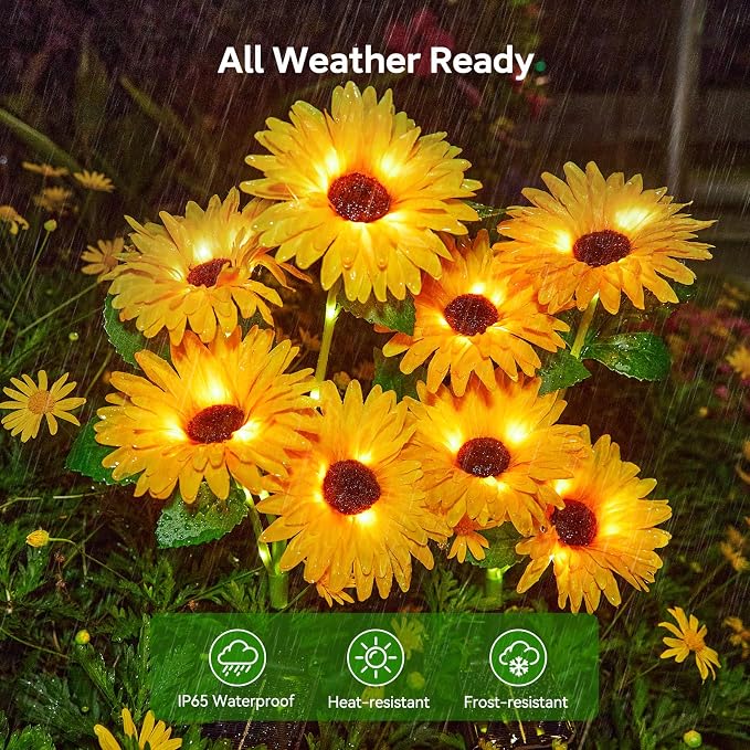 WdtPro 4 Pack Outdoor Solar Garden Lights with 16 Glowing Daisy Flowers & Stems, Waterproof Solar Flowers Lights for Outside Yard Patio Decor