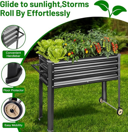 Land Guard 2 Pack Galvanized Raised Garden Bed with Legs & Wheels, 48×18×32in Metal Elevated Raised Planter Box for Backyard, Patio, Balcony, 500lb Capacity, Dark Grey