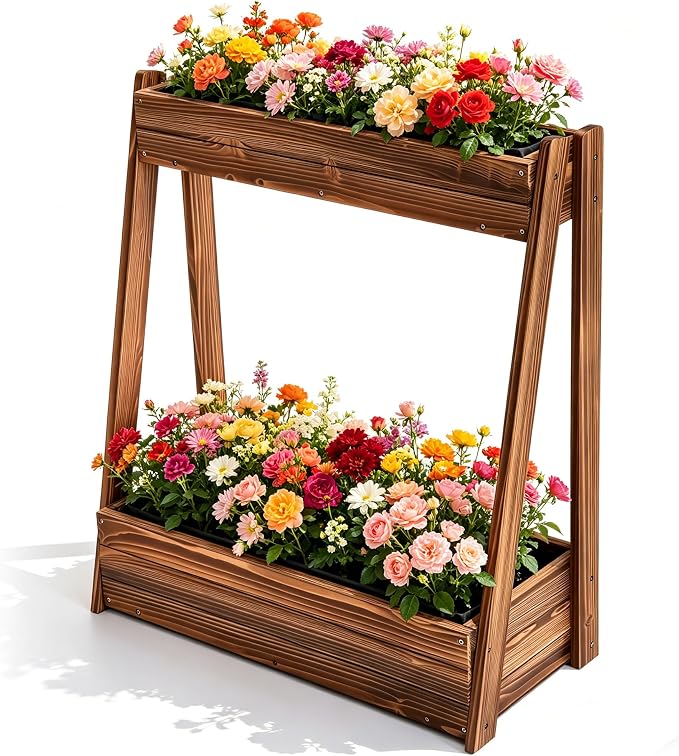 36" 2-Tier Freestanding Elevated Wooden Raised Garden Bed | Tiered fir wood planter with 23" vertical space, drainage holes, liner, and no-bend height for herbs, veggies, or flowers