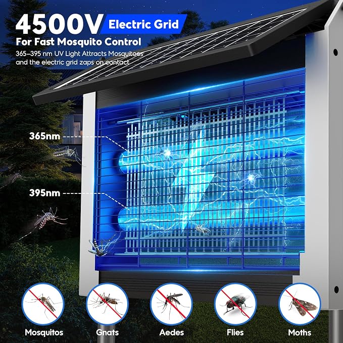 Solar Bug Zapper Outdoor, 4500V Mosquito Zapper with Dual Solar Panels | Auto On/Off, IPX5 Waterproof Mosquito Killer For Backyard, Patio, Garden, Camping And Up To 1/2 Acre Coverage