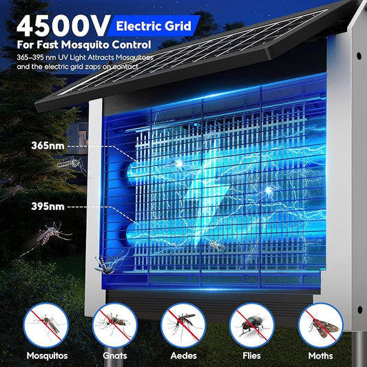 Solar Bug Zapper Outdoor, 4500V Mosquito Zapper with Dual Solar Panels | Auto On/Off, IPX5 Waterproof Mosquito Killer For Backyard, Patio, Garden, Camping And Up To 1/2 Acre Coverage
