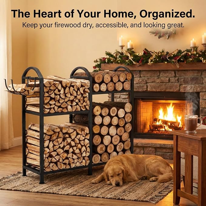Firewood Rack Indoor Outdoor With Hooks, 31inch Firewood Rack, 2-Tier log holders for firewood outdoor, Fireplace Wood holder Indoor, Adjustable Small Fire Wood Storage