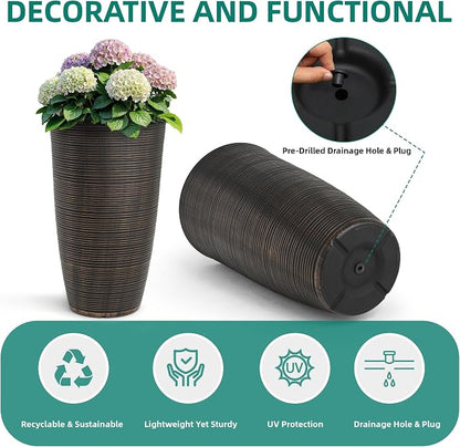 2-Pack 23.5" Bronze Plastic Tapered Planters with Vertical Stripes | Set of 2 PP tall planters with bronze vertical stripe texture, drainage plugs, and UV-treated finish for porch or patio