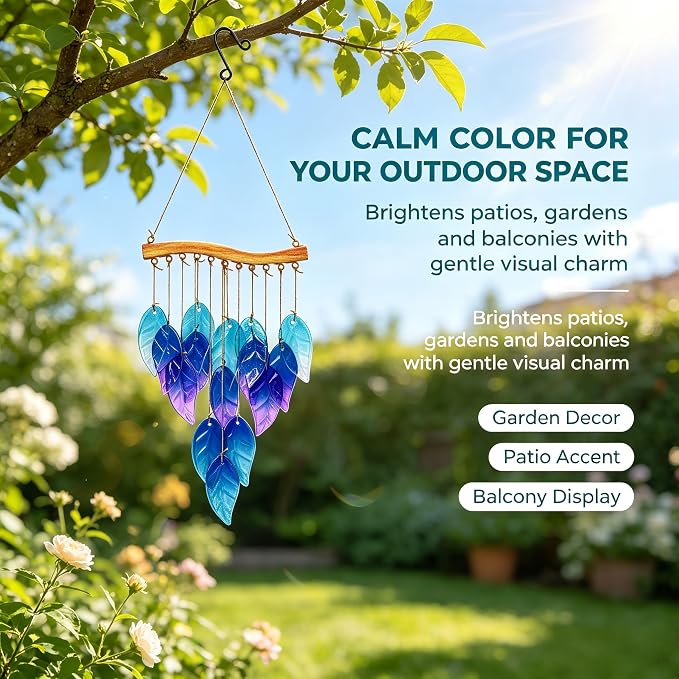 Wind Chimes Blue Glass Leaves, Garden Wind Chime for Home, Party, Festival Decor, Glass Garden Patio Yard Porch Decoration Indoor/Outside, Lifelike Leaf Style