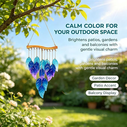 Wind Chimes Blue Glass Leaves, Garden Wind Chime for Home, Party, Festival Decor, Glass Garden Patio Yard Porch Decoration Indoor/Outside, Lifelike Leaf Style