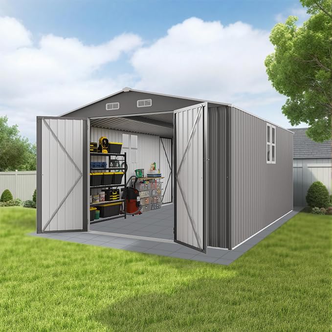 YOPTO 10x14 FT Large Outdoor Storage Shed,Durable Metal Garden Shed with Three Lockable Doors and Two Windows,Waterproof Tool Shed for Backyard Patio,All-Weather Shelter for Bike,Lawn Mowers,Grey