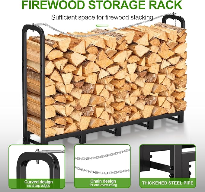 GARDENWORK 8FT Firewood Rack Outdoor with Cover,Heavy Duty Fire wood Log Holder,Wood Storage Racks with 600D Oxford Cover for Indoor and Outdoor with Firewood Bag