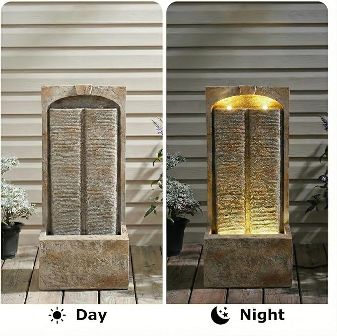 39" Outdoor Water Fountain with Pump, Outdoor Fountain with Warm White LED Lights, Modern Outdoor Cascading Freestanding Fountain, Weather-Resistant Garden Water Feature, Brown