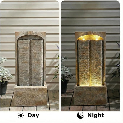 39" Outdoor Water Fountain with Pump, Outdoor Fountain with Warm White LED Lights, Modern Outdoor Cascading Freestanding Fountain, Weather-Resistant Garden Water Feature, Brown