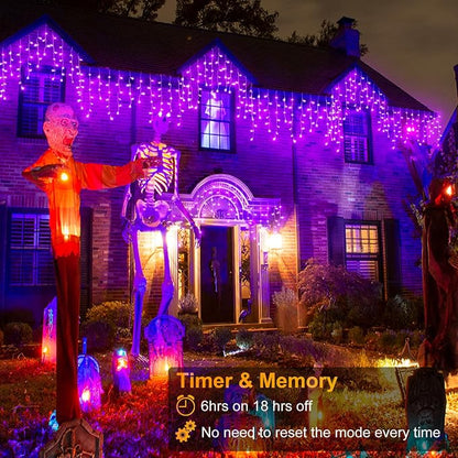 66ft Purple Christmas Lights Outdoor Indoor, 640 LED Icicle Lights for Outside Twinkle Christmas Lights with 120 Drops Clear Wire Timer 8 Modes for House Party Tree Yard Patio Eaves Holiday Decoration