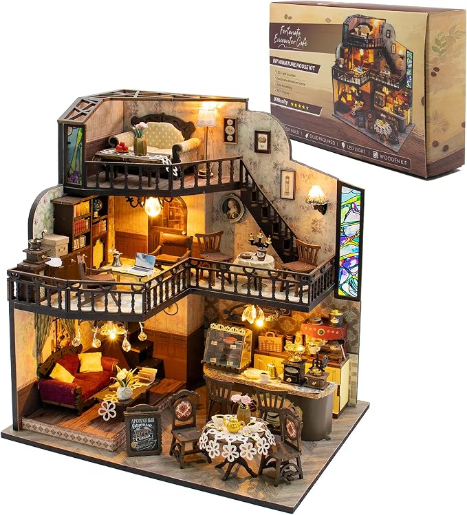 DIY Miniature House Kit, Fairy Dollhouse for Adults to Build, Mini Home Building Kit with Wooden Furniture & LED Lights,Garden Detials, Gift for Family and Friends (Fortunate Encounter Café)