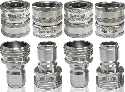 Essential Washer ¾” Stainless Steel Garden Hose Quick Connect Fittings | Plug & Coupler Set of 4