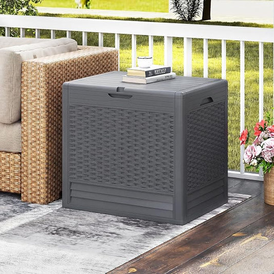 Tangkula 25 Gallon Outdoor Storage Box, Waterproof PP Resin Patio Storage Box with with Lockable Lid for Indoor & Outdoor Use, 2-in-1 Rattan Design Deck Box for Patio Cushions, Garden Tools