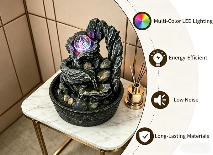 Three Bowls with Rotating Ball Flowing Tabletop Fountain Home Décor Indoor Decor Waterfall Sound Zen Mini Fountain Multicolor LED Light