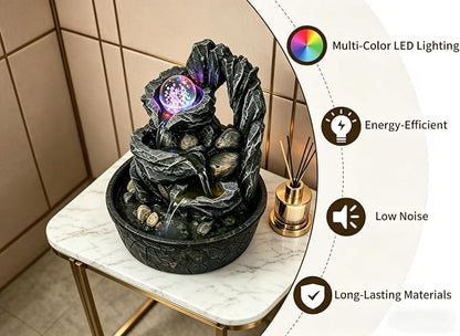 Three Bowls with Rotating Ball Flowing Tabletop Fountain Home Décor Indoor Decor Waterfall Sound Zen Mini Fountain Multicolor LED Light