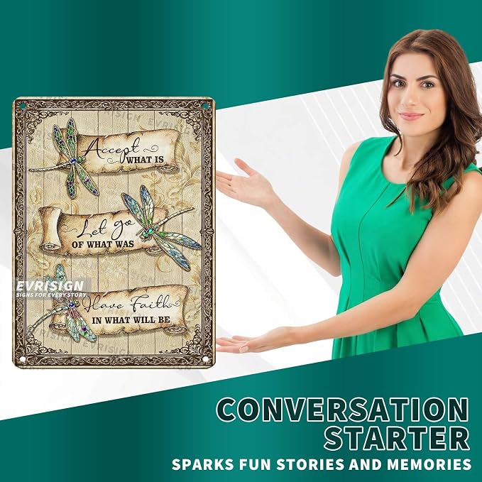 Dragonfly Vintage Metal Tin Sign Dragonfly Wall Art Decor Poster for Garden Yard Outdoor Patio Accept What Is Let Go Of What Was Have Faith In What Will Be 12x16inch
