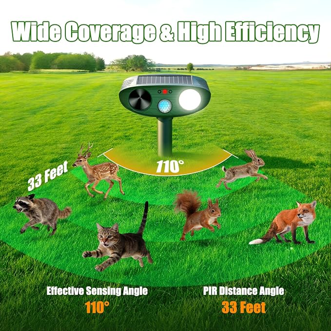 2026 Upgraded Ultrasonic Solar Animal Repellent Outdoor, Deer Repellent Devices Squirrel Cat Raccoon Rabbit Dog Deterrent with Motion Sensor Flash Light for Yard Garden Lawn