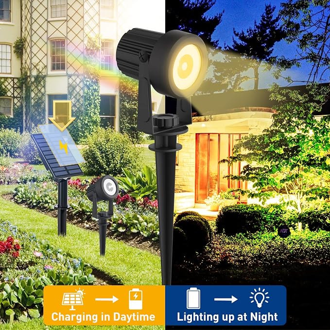 T-SUNUS Christmas Solar Landscape Spotlights 2 Pack Warm White 3000K, IP65 Waterproof Spot Lights 9.8ft Cable, Outdoor Halloween Garden Light Separated Panel for Tree Flag Yard Driveway Walkway Pool