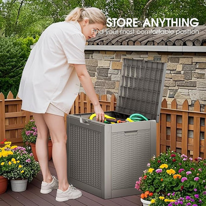 Outdoor Storage Box, 35 Gallon Resin Deck Boxes Outdoor Waterproof For Patio Furniture, Garden Tools, Pool Supplies, Lockable And UV Resistant (Rattan Gray)