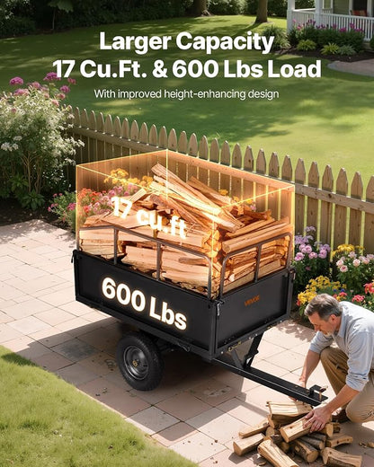VEVOR Heavy Duty ATV Trailer Tow Behind Dump Cart, 17 Cu.Ft. 600lbs Capacity, Pull Behind Steel Yard Wagon Dump Trailer for Tractor Lawn Mower Garden with 16in Tires