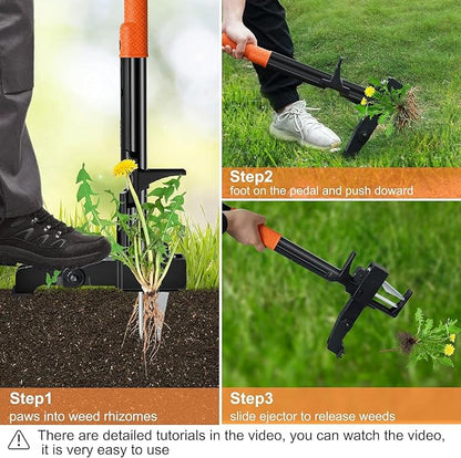 Weed Puller Tool Stand-Up - 40" Long Handle Weed Picker with Leaf Bag, 4 Claws Stainless Steel & Foldable Foot Board, Easy Weeding Removal, No Bending