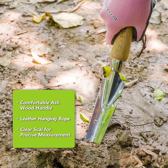 Berry&Bird Garden Hand Weeding Trowel, 5-in-1 Stainless Steel Weeder Puller | 13.2'' Garden Weeding Tool with Wooden Handle, Weed Puller & Digging Knife for Weeder Removal Planting Transplanting Cutting