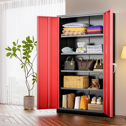 INTERGREAT Metal Storage Cabinet with Doors, 72" Locking Steel Storage Cabinet with Shelves, Tall Metal Cabinet Lockable Steel Cabinets for Home Office, Garage,(Black+Red)