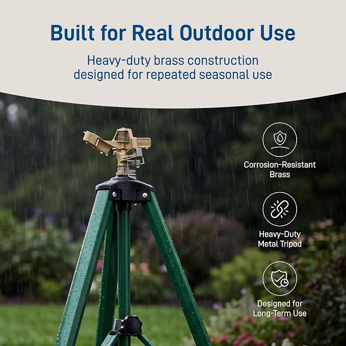 Orbit 1/2 Inch Brass Impact Sprinkler - Adjustable Metal Tripod - Long Range Lawn Watering System - 360 Degree Rotating Sprinkler - Heavy Duty Irrigation System - Adjustable 22-48 Inch Height - 58308