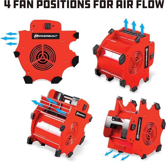 Powerbuilt 3 Speed Portable Blower Dry Fan, Adjustable 3-Speed, Shop Dryer, Wet Carpet, Paint, Built-in Outlets - Red 642259