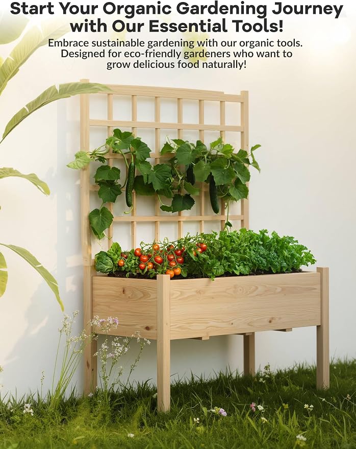 Jojoka Wooden High-Legged Raised Garden Bed with Climbing Trellis, Elevated Planter Box for Vegetables, Herbs, Flowers, Patio, Backyard