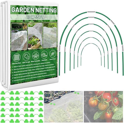 Garden Mesh Netting Kit for Raised Beds, 10x33FT Ultra Fine Mesh Netting&6 Sets 8FT Fiberglass Garden Hoops, Insect Netting Row Cover, Pest Barrier Protection for Vegetable Fruits Flowers