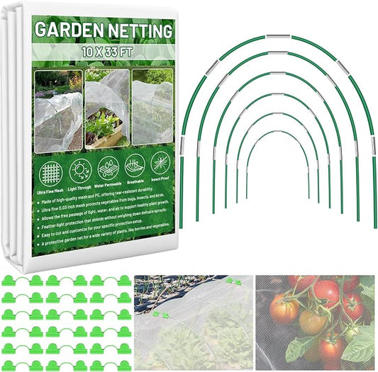 Garden Mesh Netting Kit for Raised Beds, 10x33FT Ultra Fine Mesh Netting&6 Sets 8FT Fiberglass Garden Hoops, Insect Netting Row Cover, Pest Barrier Protection for Vegetable Fruits Flowers