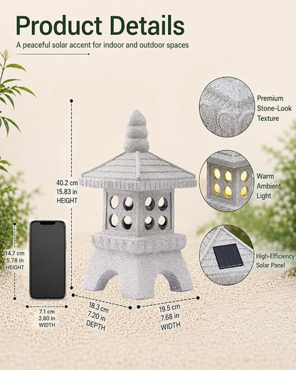 Nacome Solar Pagoda Garden Statues:15.7 inches Outdoor Weatherproof Resin Zen Decor for Landscape Balcony Patio Porch Yard Ornament(Gray)