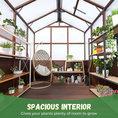 Jocoevol 6x8ft Outdoor Greenhouse, Wooden Frame Polycarbonate Greenhouse with Adjustable Roof Vents and Lockable Door Handle, Walk-in Greenhouse Perfect for Backyard and Garden