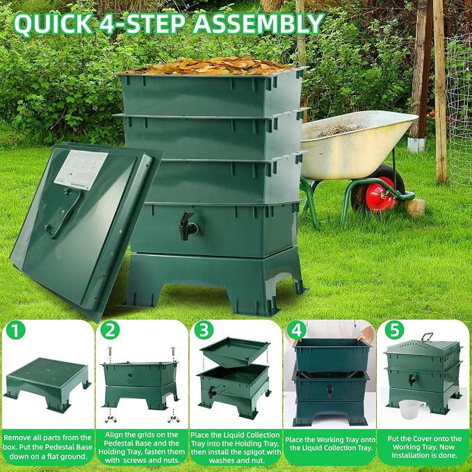 4-Tray Worm Compost Bin, Worm Composter for Outdoor & Indoor, ecocultivatify Wormie's Home, Worm Bin Set for Recycling Household Waste (Dark Green)