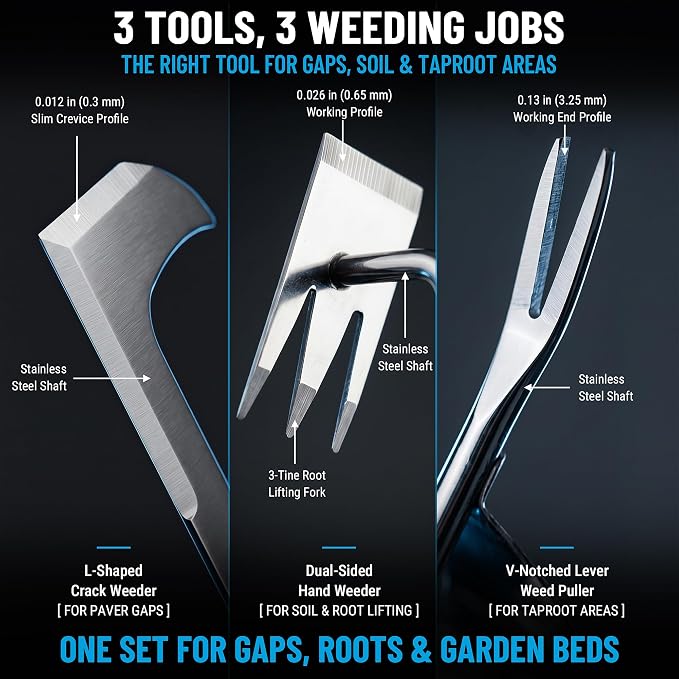 3-Piece Stainless Steel Weed Puller Tool Set | Narrow crevice profile,Reinforced joints,1.4 in steel core,Paver gap use,Storage bag and gloves