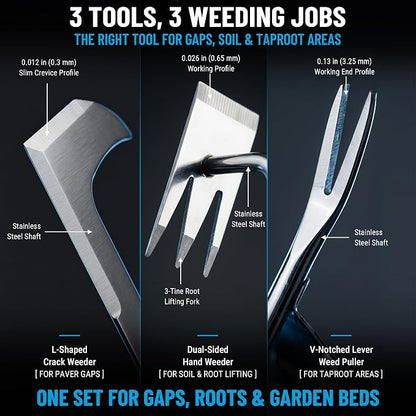 3-Piece Stainless Steel Weed Puller Tool Set | Narrow crevice profile,Reinforced joints,1.4 in steel core,Paver gap use,Storage bag and gloves