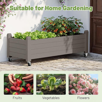Fancyango Raised Garden Bed with Wheels 13.3" Hx2 -Gray | Resin Elevated Garden Planter Box with Drainage, Outdoor Planter Box for Veggies Herbs Patio Balcony Backyard
