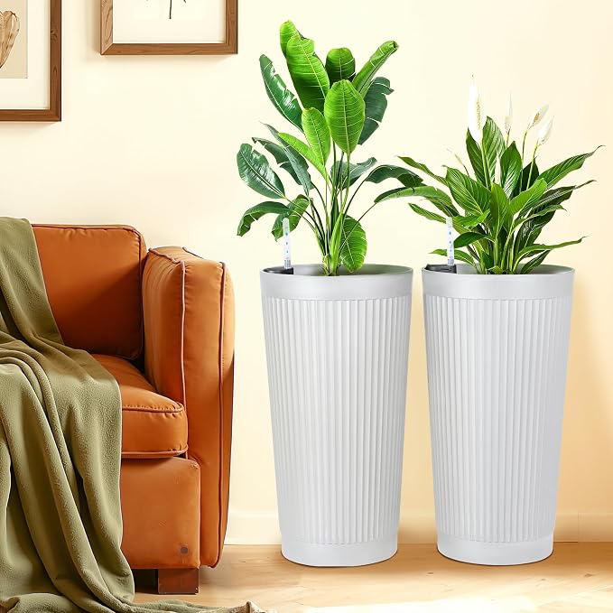 FENCY Self Watering Tall Planters Set of 2, White Round | 24 Inch, with Water Level Indicator& Spacious Reservoir, Plastic Tapered Pots, Weather-Resistant, Front Door Decor