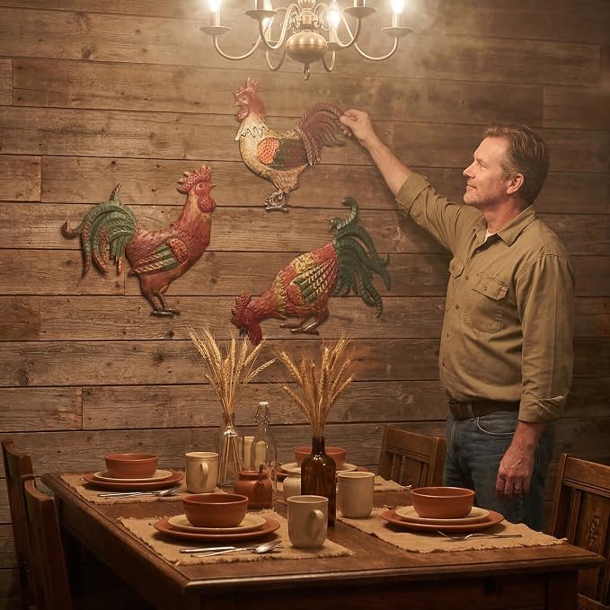 GUAN YANG Set of 3 Metal Rooster Wall Decor, 33x31cm Original Design Waterproof Sturdy Easy to Install Farmhouse Kitchen Wall Decor, Rustic Outdoor Patio Wall Art for Home Decor Gift