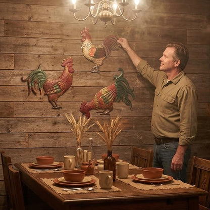 GUAN YANG Set of 3 Metal Rooster Wall Decor, 33x31cm Original Design Waterproof Sturdy Easy to Install Farmhouse Kitchen Wall Decor, Rustic Outdoor Patio Wall Art for Home Decor Gift