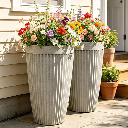 Autodaya 20" Ivory Outdoor Fluted Resin Tall Planters Set of 2 | High-Density Resin Pots with Drainage Holes for Indoor and Outdoor Plants, Patio, Garden, Porch, Living Room, or Gifting