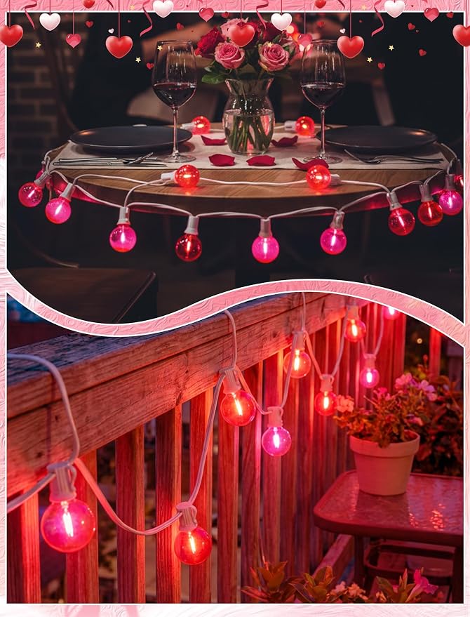 LED Valentine’s Day String Lights, 50Ft Valentines Decorations Outdoor | 25+2 G40 Round Bulbs, Connectable, Shatterproof Hanging Indoor Fairy Lights for Wedding Date Patio, Clear Red Pink