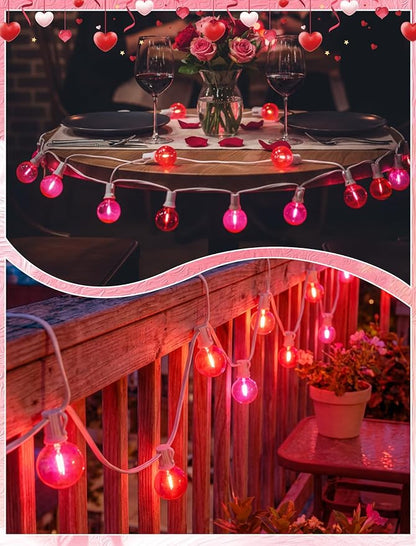 LED Valentine’s Day String Lights, 50Ft Valentines Decorations Outdoor | 25+2 G40 Round Bulbs, Connectable, Shatterproof Hanging Indoor Fairy Lights for Wedding Date Patio, Clear Red Pink