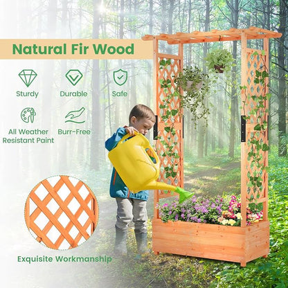 Giantex Raised Garden Bed with Trellis & Hanging Roof, Wood Planter Box with Bottom and Drainage Holes, Freestanding Garden Planter for Flower Vegetable Fruit Herb Climbing Vines, 43.5"x17.5"x72"