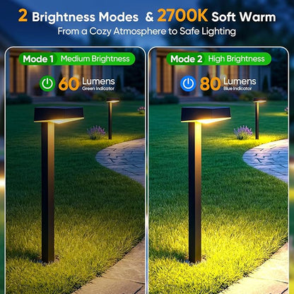 Solar Pathway Lights Outdoor: 8 Pack 80LM Bright Walkway Lighting | 27.4-in Max Height with 3 Adjustable Levels - IP65 Waterproof 12H Lasting - 2700K Warm White 2 Modes Garden Driveway Clearly