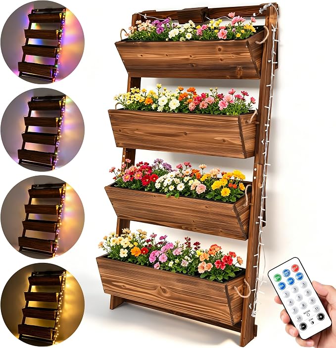 4-Tier Wall Planter with Colorful LED Lights and Timer | 51-Inch Vertical Raised Garden Bed with Tilt-Out Boxes& Drainage Holes for Vegetables Herbs Flowers Patio
